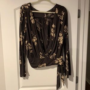 Free people floral gray plunge wrap top